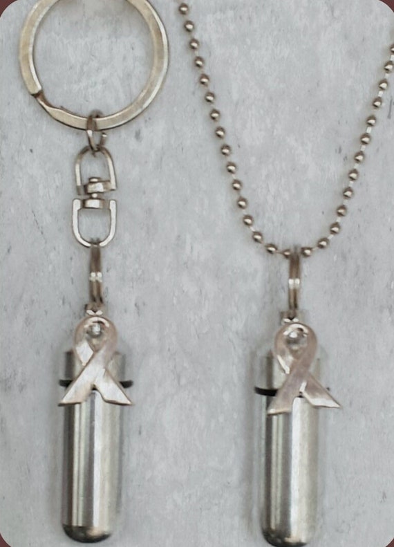Cancer Awareness 2pc. Special Set, Cremation Urn Necklace & Swivel Keychain Urn with Velvet Pouches and Fill Kit. Loss of Loved One