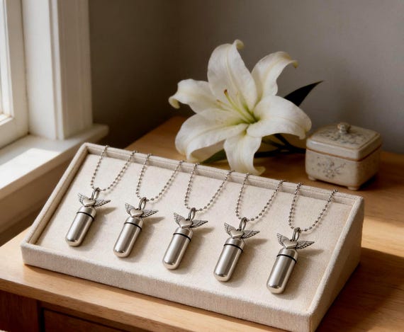 Memorial Winged Heart Urn Necklaces, Silver (Set of Five with Fill Kits)