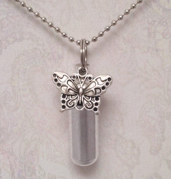 Silver CREMATION URN on 24" Necklace with BUTTERFLY & Engraved Heart.  Child Urn, Memorial Jewelry,  Personalized Urn, Loss of Loved One