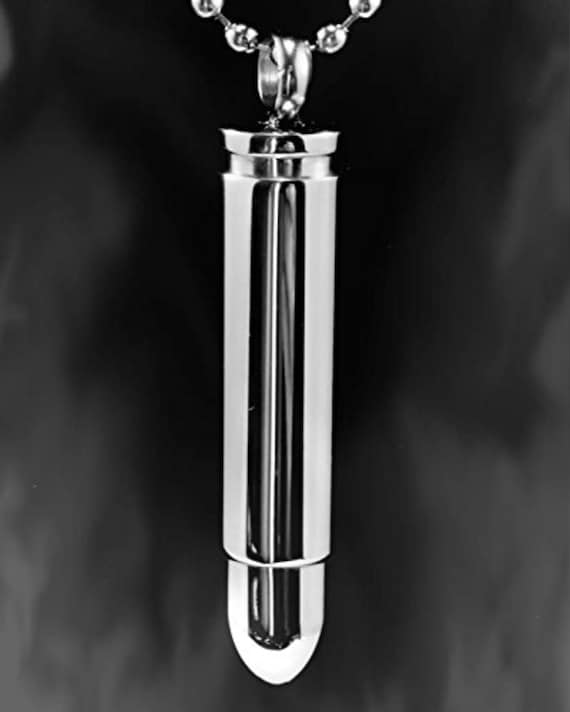 Brushed Steel Bullet CREMATION URN on 24" Ball-Chain Necklace with Velvet Gift Pouch & Fill Kit, Memorial Jewelry
