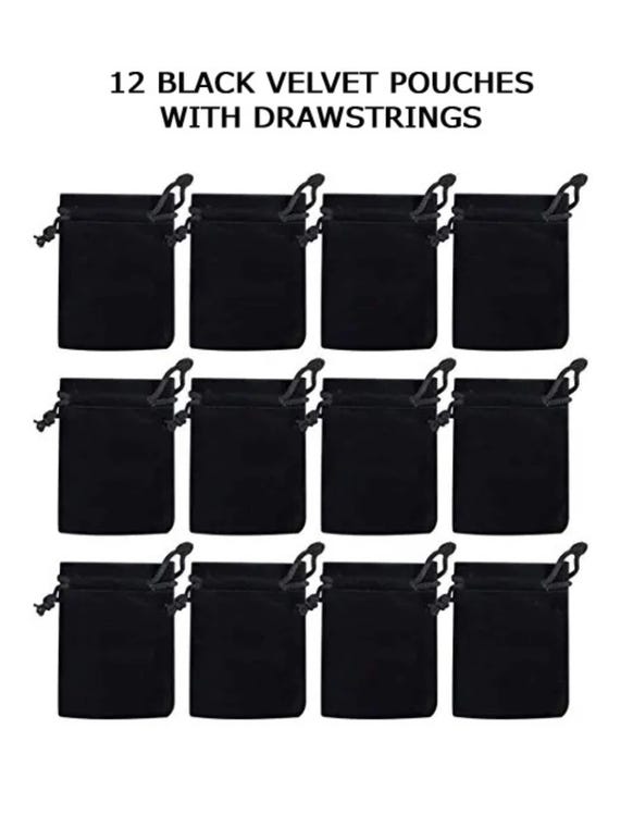 TWELVE Black Velvet Pouches Drawstring Bags (3x2 Inches)