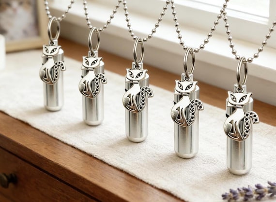 FIVE "Sly Kitty" CREMATION URN Necklaces - Pet Loss, Cat Urn, Memorial Jewelry, Custom Engraving Available!