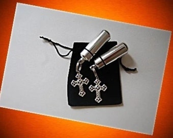Set of TWO Classic Silver CREMATION URN Necklaces with Silver Lace Crosses - Includes Velvet Pouches and Fill Kit