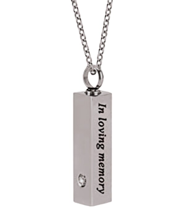 Stainless Steel Cylinder CREMATION URN with Clear Crystal on 21" Curb Chain Necklace with Pink Rhinestone - Engraved: "In loving memory"