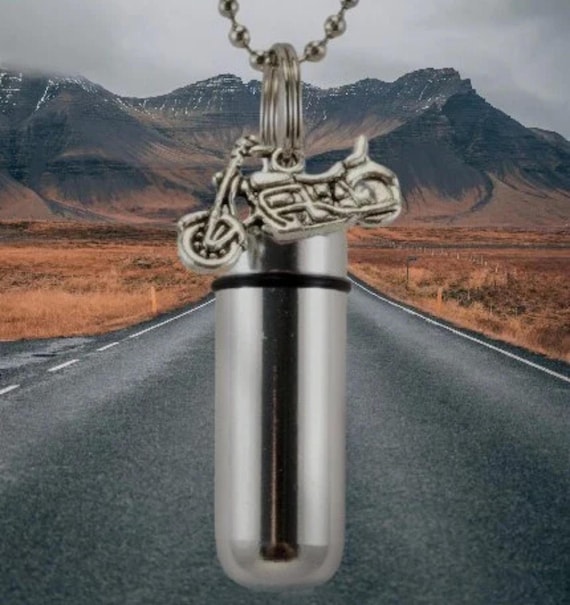 Silver Motorcycle  CREMATION URN Necklace on 24" Ball Chain - w/Velvet Pouch & Fill Kit, Celebration of Life