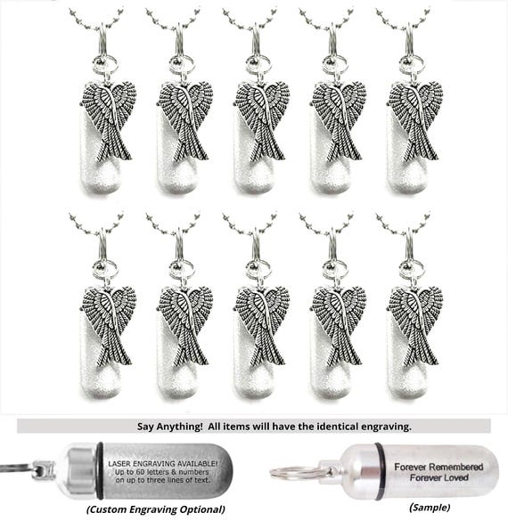 TEN Angel Wings Cremation Urn Necklaces, Brushed Silver, Minimalist, Memorial Jewelry, Engraving Optional