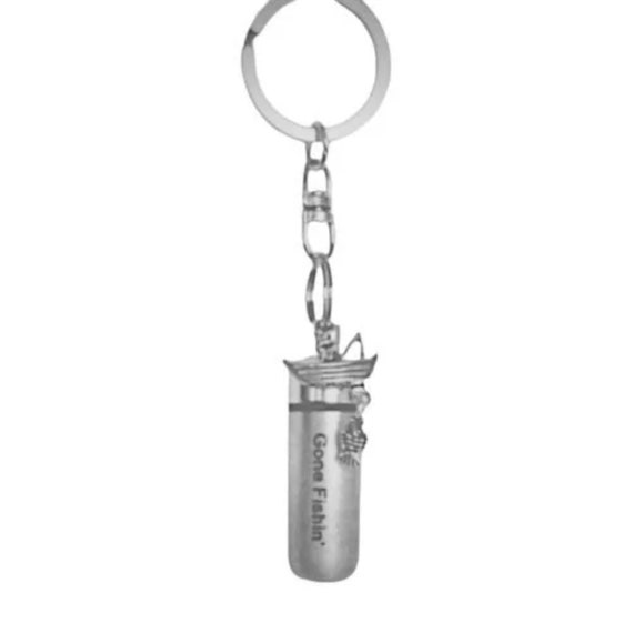 Laser Engraved Cremation Urn Swivel Keychain "Gone Fishin" with Fisherman, Includes Velvet Pouch and Fill Kit - Memorial Urn, Ashes Keepsake