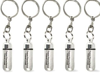 FIVE Engraved "Forever Remembered, Forever Loved" Brushed Silver CREMATION URNS on Steel Keychains