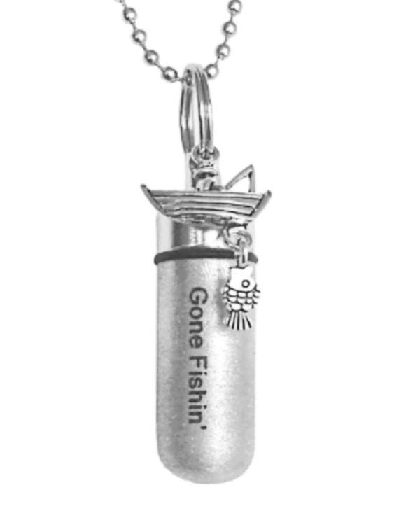 Engraved Brushed Silver "Gone Fishin" CREMATION URN Necklace with Fisherman & Fish - Includes Velvet Pouch and Fill Kit