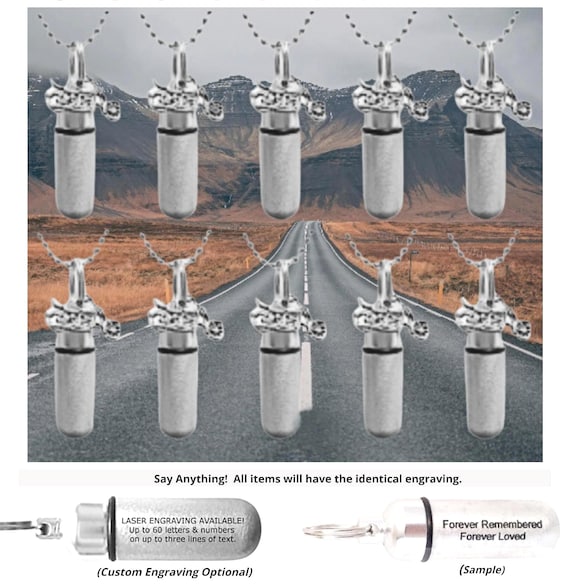 Set Of TEN Custom Engraved Brushed Silver Motorcycle Cremation Urn Necklaces, Memorial Jewelry, Urn Pendant, Condolence Gift, Loss of Father