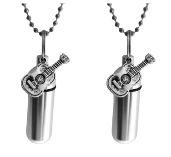 TWO Silver CREMATION URN Necklaces with Acoustic Guitars - Memorial Jewelry, Custom Engravable