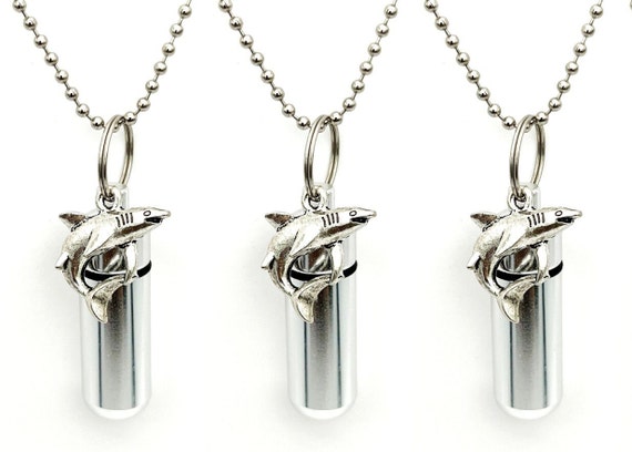 Set of THREE - Silver Shark Cremation Urns on 24" Steel Ball Chain Necklaces - Remembrance Jewelry, Urn Necklace, Ashes, Urn, Pet Urn
