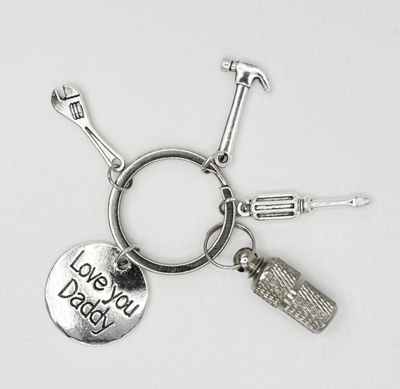 LOVE YOU DADDY - Mini Cremation Urn on Stainless Steel Keyring with Tool Charms (as shown) - Includes Fill Kit and Velvet Pouch