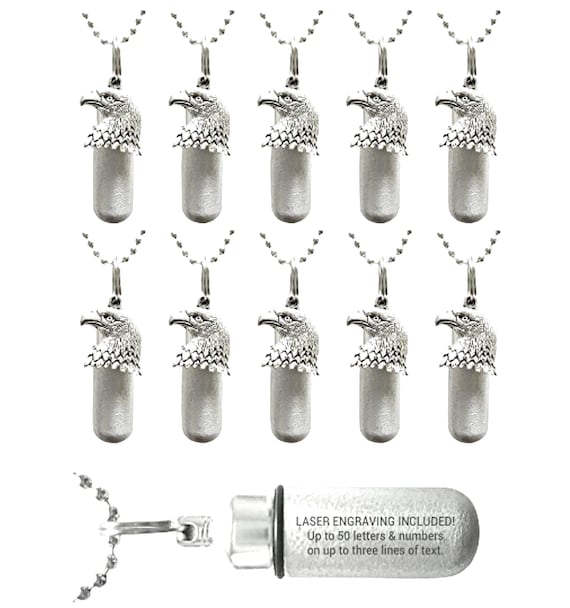 TEN Brushed Patriotic Silver Bald Eagle Urn Necklaces with Engraved USA Flag on Bottom