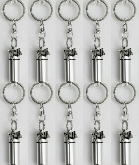 TEN Silver American Flag CREMATION URNS on Stainless Steel Swivel Keychains, Memorial Jewelry, Cremation Jewelry,  Memorial Keychains