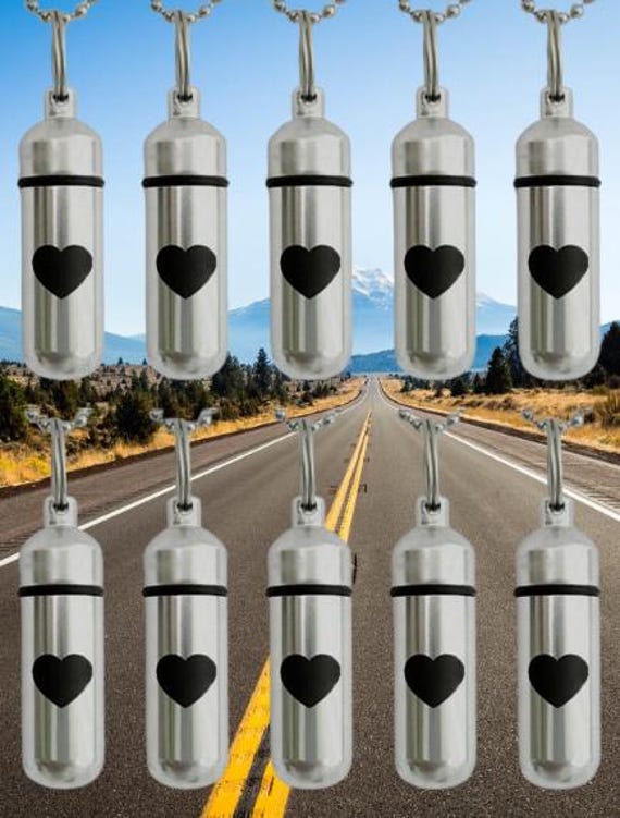 Set of Ten Cremation Urn Necklaces with Engraved LOVE HEARTS - Includes Individual Velvet Pouches & Fill Kit