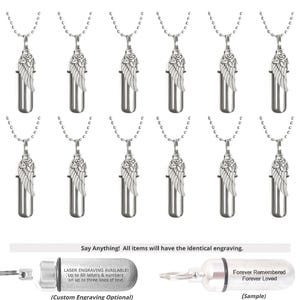 Set of 12 CREMATION URN NECKLACES  "Angel Wing with Rose"   Memorial Jewelry,  Personalized Urns