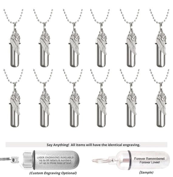 Set of 12 CREMATION URN NECKLACES  "Angel Wing with Rose"   Memorial Jewelry,  Personalized Urns