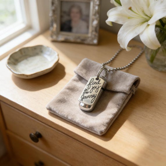 Cremation Urn Necklace "Find Joy in the Journey"  w/Velvet Pouch & Fill Kit