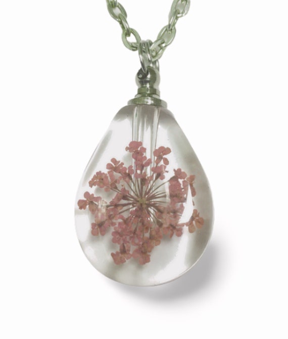 Clear Teardrop Crystal CREMATION URN NECKLACE with Embedded Dried Pink Flowers (each one is unique) - Includes Velvet Pouch & Fill Kit