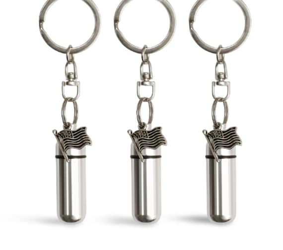 Set of THREE Silver American Flag Cremation Urn Keepsakes on Swivel Steel Keychains, Ashes urn, Memorial Urn, Patriotic Urn, Military urn