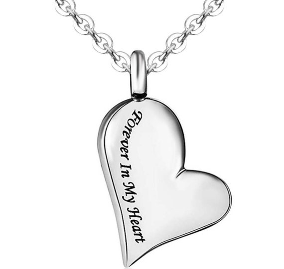 Beautiful Stainless Steel Heart "Forever In My Heart" Cremation Urn on 24" Curb Chain Necklace - Mourning Keepsake, Memorial Jewelry