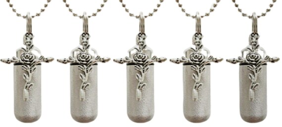 Set of 5 Brushed Silver Rose Cross CREMATION URN Necklaces w/Laser ENGRAVED Hearts! - Memorial Jewelry, Ashes Necklace, Urn for Human Ashes