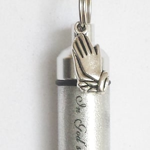 Engraved "In God's Care" w/Praying Hands, Cremation Urn Necklace - Hand Assembled with Velvet Pouch and Fill Kit