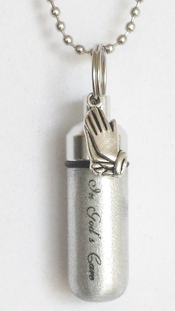 Engraved "In God's Care" w/Praying Hands, Cremation Urn Necklace - Hand Assembled with Velvet Pouch and Fill Kit