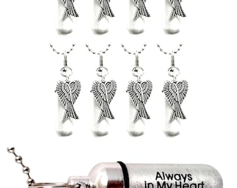 EIGHT Brushed Silver Cremation Urn Necklaces with Angel Wings, Personalization Available