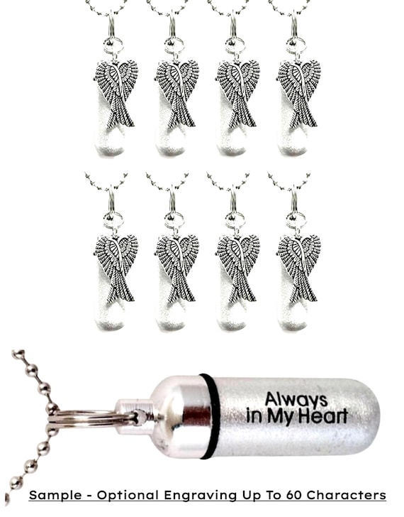 EIGHT Brushed Silver Cremation Urn Necklaces with Angel Wings, Personalization Available
