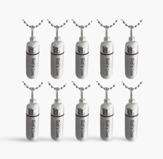 Set of TEN Brushed Silver "God is Love" Anointing Oil Holders with Hearts - With 10 Pouches, 10 Ball Chain Necklaces, & 10 Dropper .s