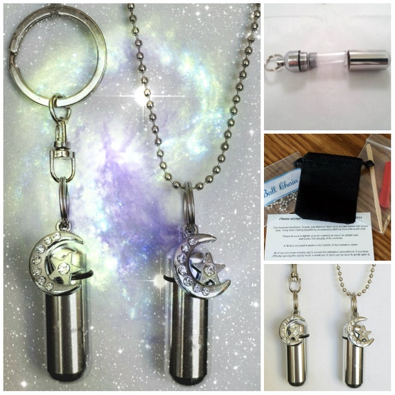 Lovely Crescent Moon & Star 2pc. Special Set - Cremation Urn Necklace / Keychain with Velvet Pouch and Fill Kit