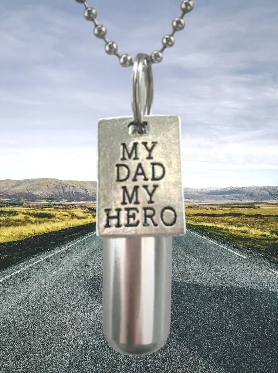 Personal Cremation Urn  with "My Dad My Hero" Engraved Pendant - Includes Velvet Pouch, Steel 24" Ball Chain Necklace and Fill Kit