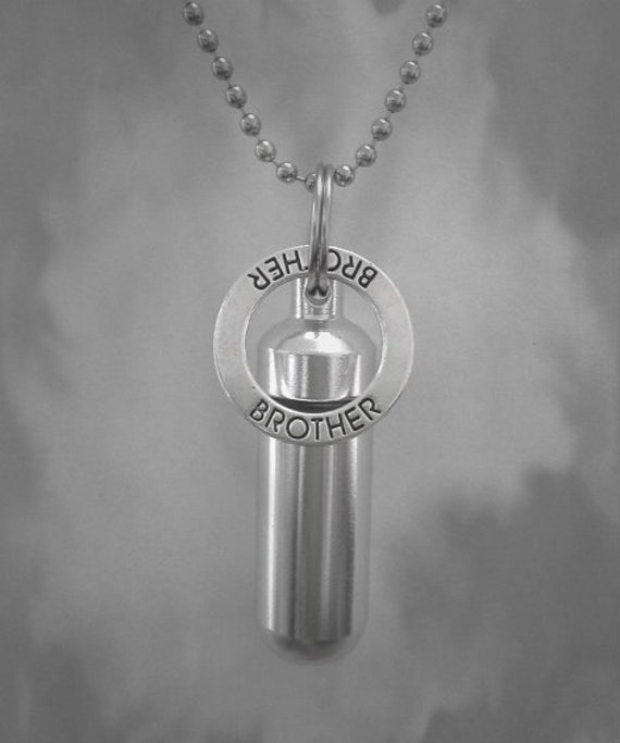 Silver CREMATION URN with BROTHER Pendant on 24" Ball-Chain Necklace - Includes Velvet Pouch and Fill Kit