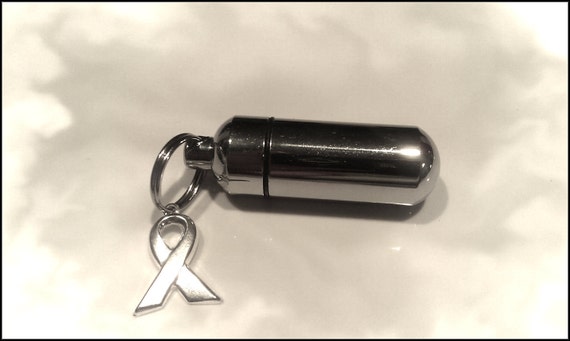 Silver Cremation Urn / holder Keepsake with Silver CANCER AWARENESS Charm with Velvet Pouch and Fill Kit - Ashes Jewelry