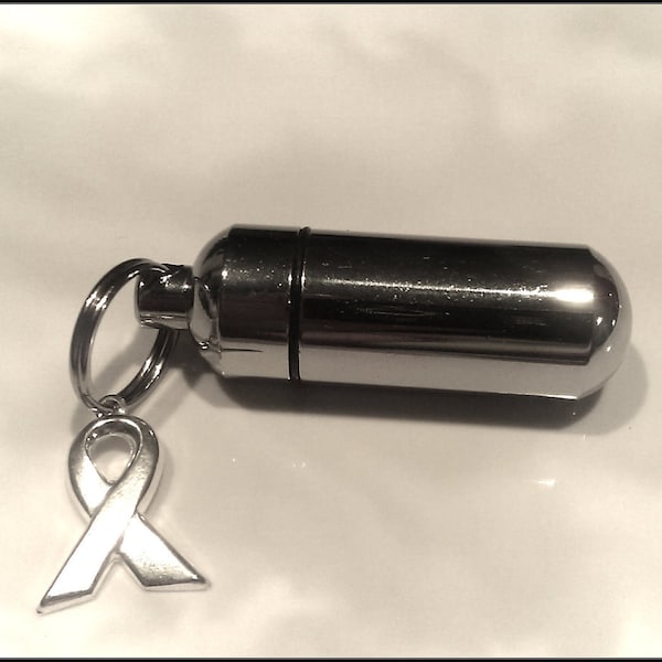 Silver Cremation Urn / holder Keepsake with Silver CANCER AWARENESS Charm with Velvet Pouch and Fill Kit - Ashes Jewelry