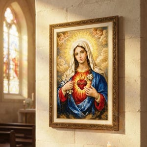 May include: A framed religious wall art print depicting a figure with a white head covering, a blue cloak, and a red garment. The figure holds a red heart with thorns and flowers against a golden halo background with clouds and small faces.