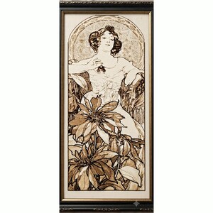 May include: A framed sepia-toned print featuring a central figure with dark hair, positioned behind large, detailed floral blooms. The artwork is enclosed in a dark, ornate frame with a light-coloured mat, showcasing intricate line work and shading.