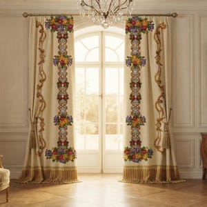 Puede incluir: Un par de cortinas de color crema que llegan hasta el suelo, con un panel central vertical de bordados florales coloridos y complejos patrones de volutas doradas. Las cortinas tienen un fleco dorado denso en el borde inferior.
