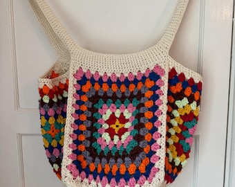 Extra Große Baumwolle häkeln Strandtasche - Bunte Oma Quadrat Tote - Boho Markttasche