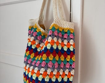 Handmade Crochet Market Bag – Colourful Granny Stitch Tote – Rainbow Cotton Shopping Bag