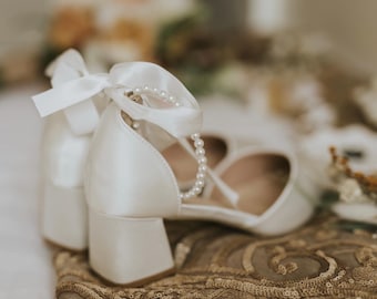 Bridal Wedding shoes with pearl ankle strap, wedding shoes, wedding day, ivory shoes, bride to be, occasion shoes