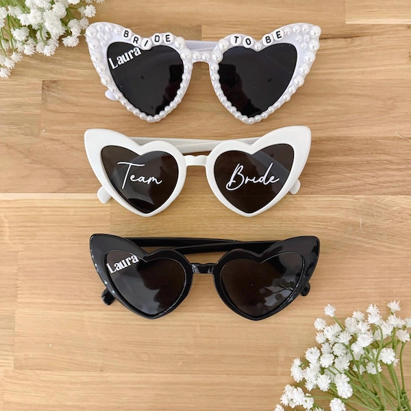 Personalised Bride to be pearl Love Heart sunglasses. Hen party glasses, wedding glasses, hen do, bride to be, white, black, wedding day