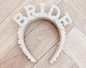 Bride pearl headband, bride to be, hen party, luxury hen, bridal shower, custom headband, Mrs head band, name headband, wife headband