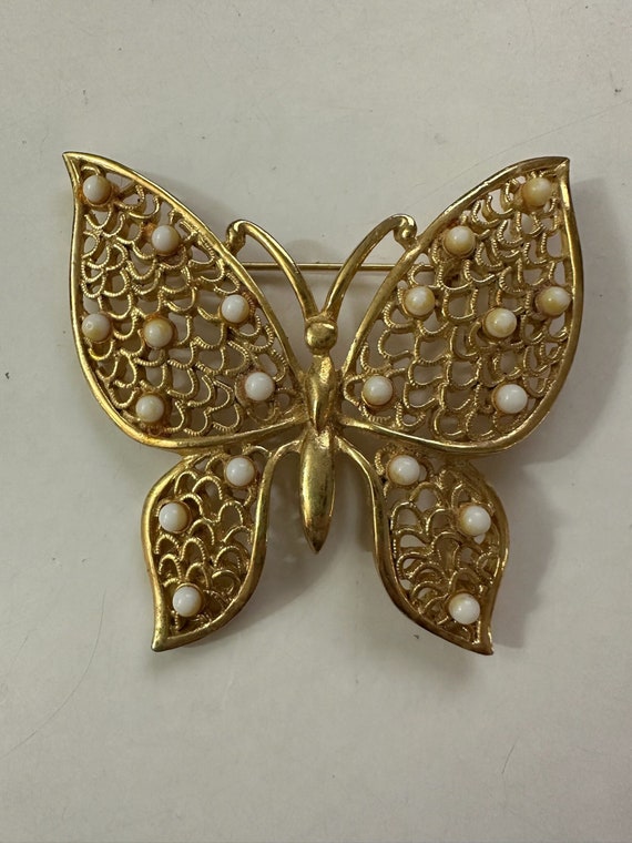 Vintage 60s or 70s Large Goldtone Butterfly Brooc… - image 1
