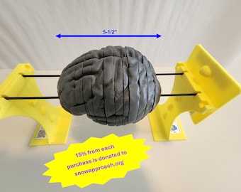 May include: A dark gray, segmented anatomical brain model suspended between two bright yellow plastic stands. The brain model measures 5-1/2 inches in width. A yellow starburst graphic contains the text: 15% from each purchase is donated to snowapproach.org.