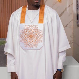 Yemi 3pcs African men white Agbada with gold embroidery, Agbada for wedding, African men wedding suit,Groomsmen dress, Men clothing, Handmad