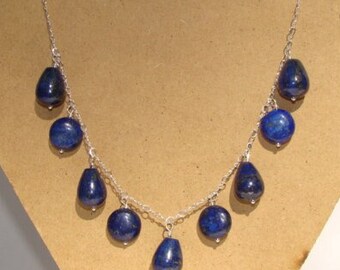 Lapis Lazuli Sterling Silver Necklace: Teardrop & Coin Beads