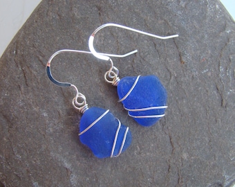 Cobalt Blue Sea Glass Earrings - Wire Wrapped - Sterling Silver